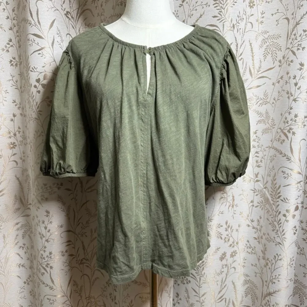 Old Navy Olive Green Puff Sleeve Keyhole Top Womens XL Boho Cottagecore Peasant